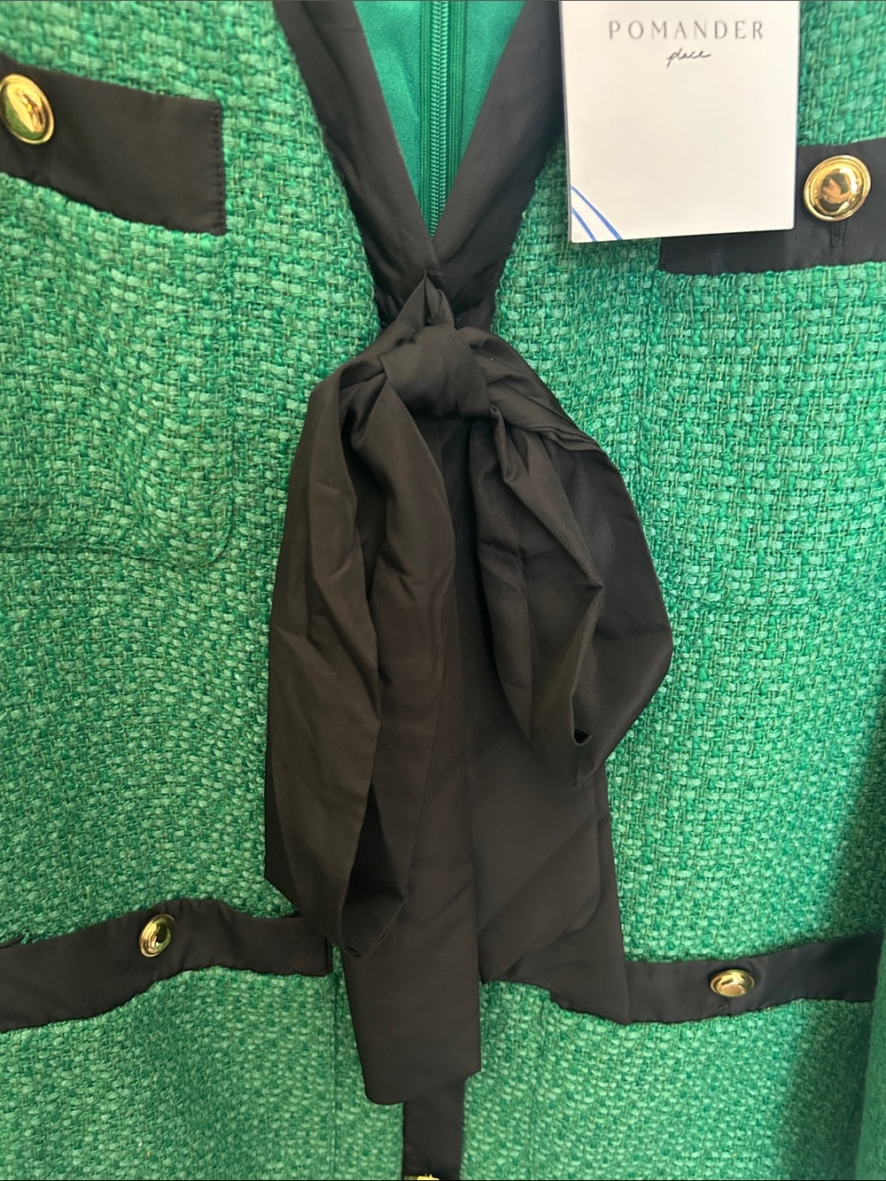 Pomander Place Emerald Green Tweed Dress with Black Trim - Picture 4 of 7